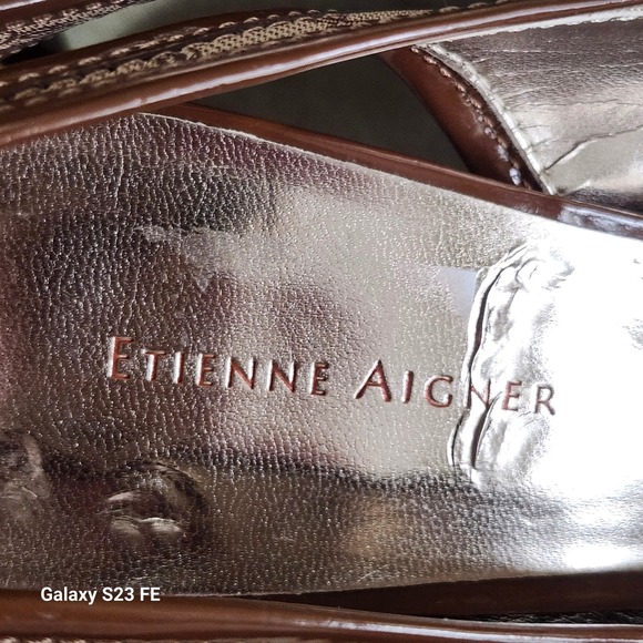 Vtg Etienne Aigner Slingback Heels Women 9M Brown Monogram Peep Toe Buckle Y2K - Picture 10 of 12